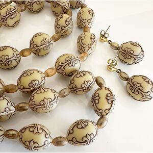 Vintage Cream Filigree Acrylic Bead Necklace & Earring Set Boho Chic